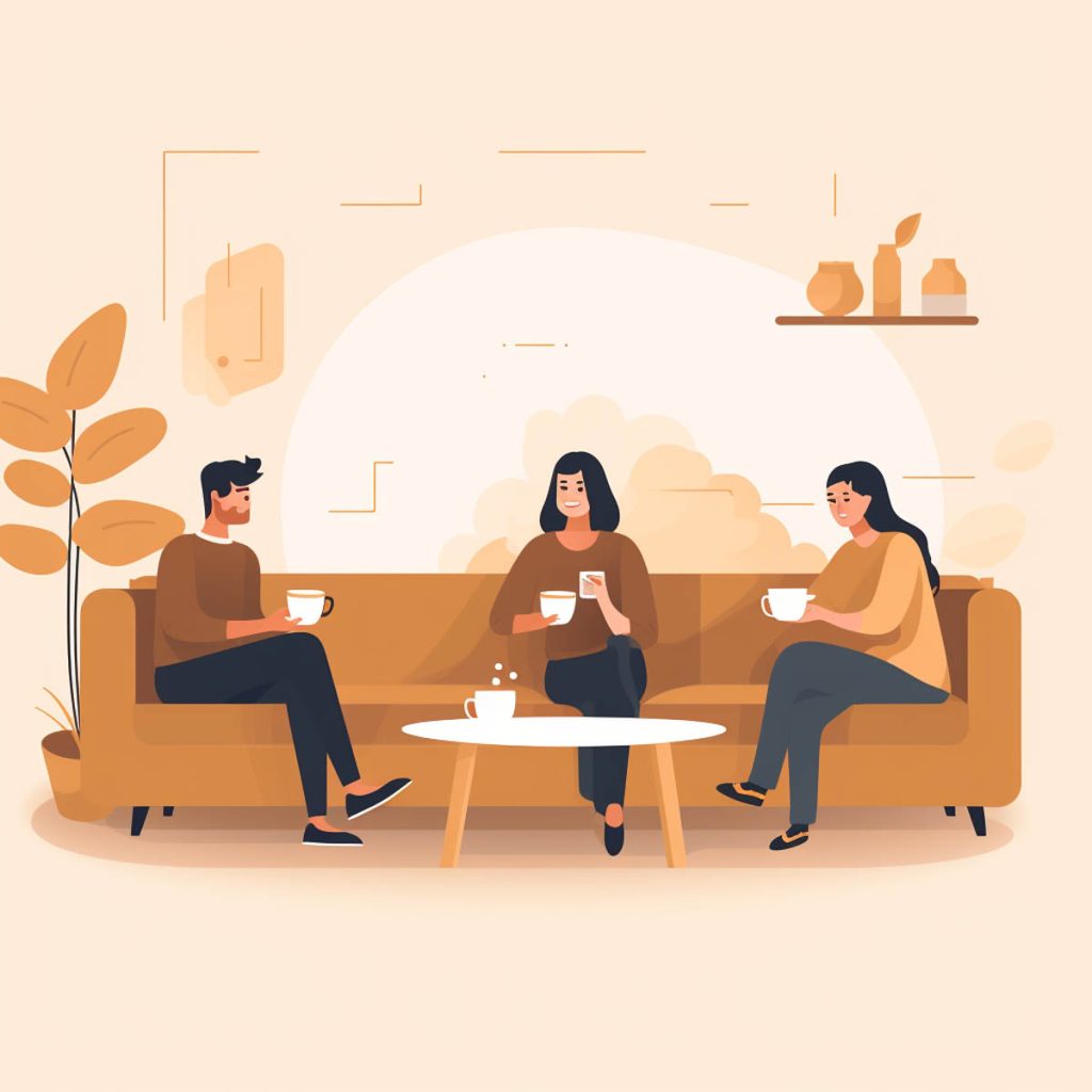 Three friends together drinking a cup of joe, illustration
