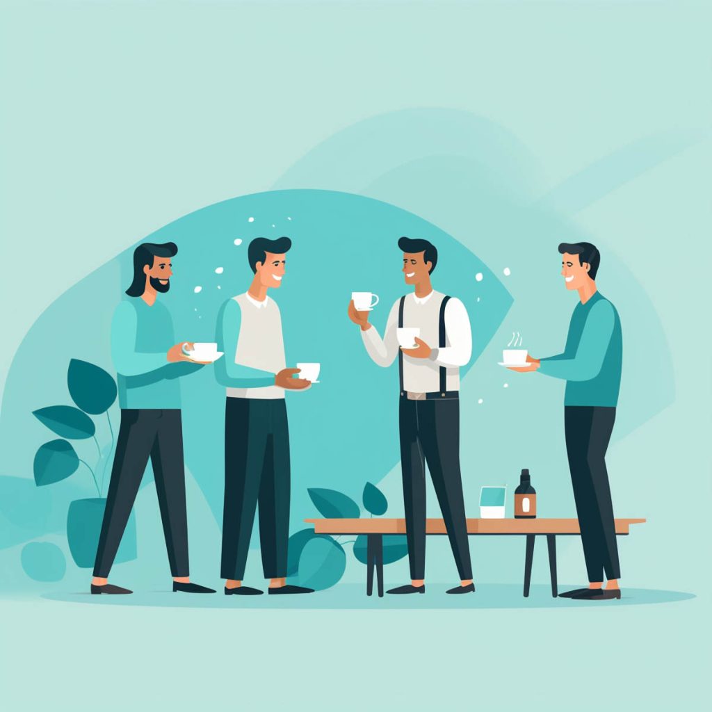 Four coworkers, all male, drinking coffee and talking, illustration