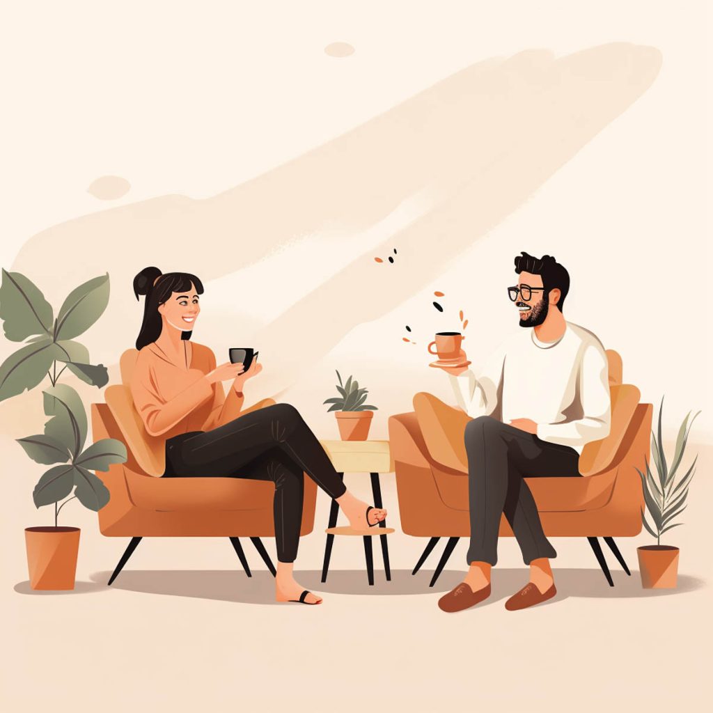 Man and woman drinking coffee together, illustration