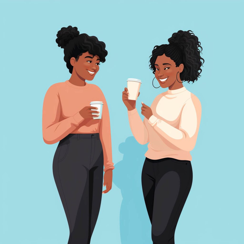Two women standing around holding cups of coffee, illustration