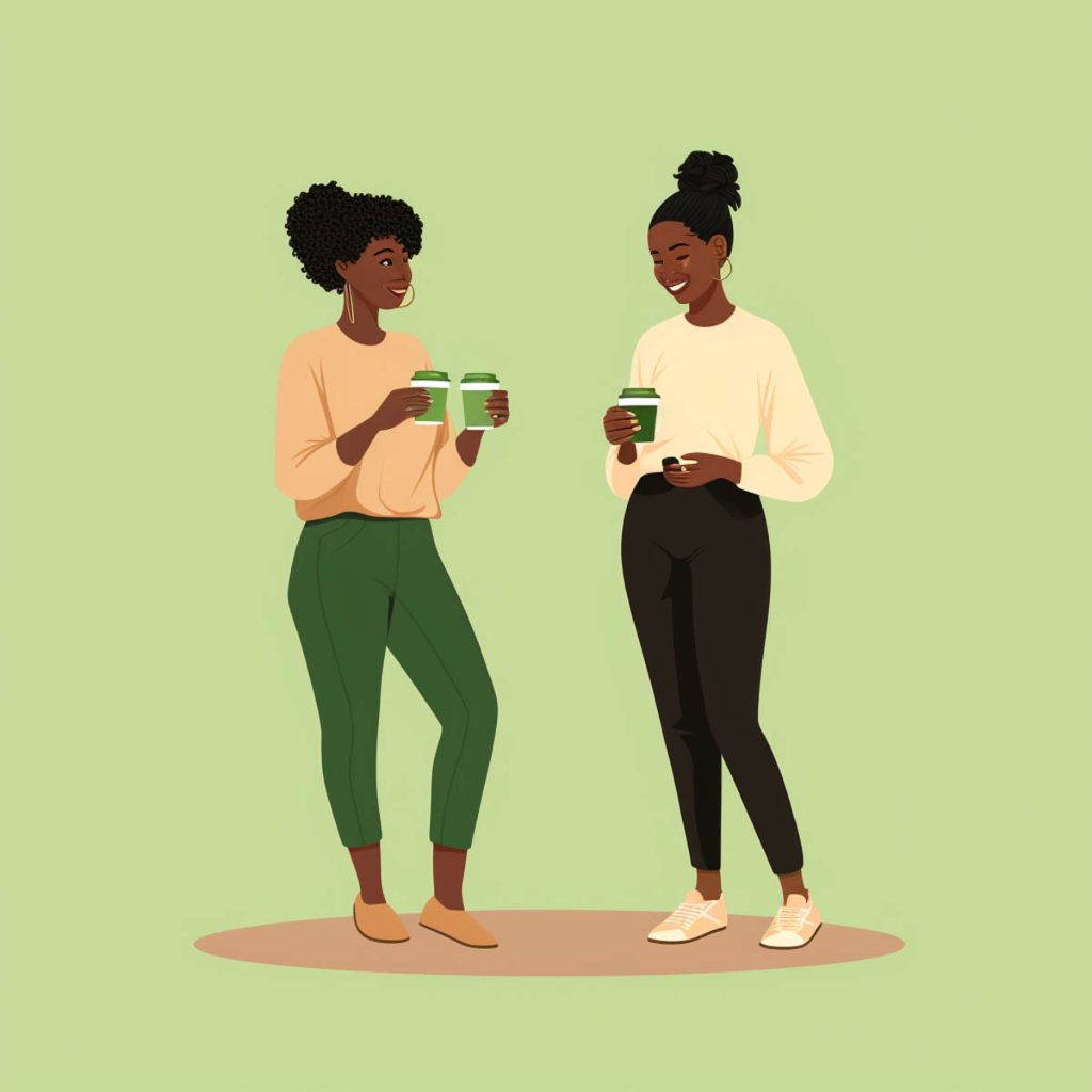 Two women drinking coffee and talking, illustration