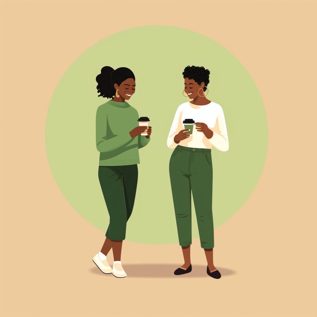 Friends walking together and drinking coffee, illustration