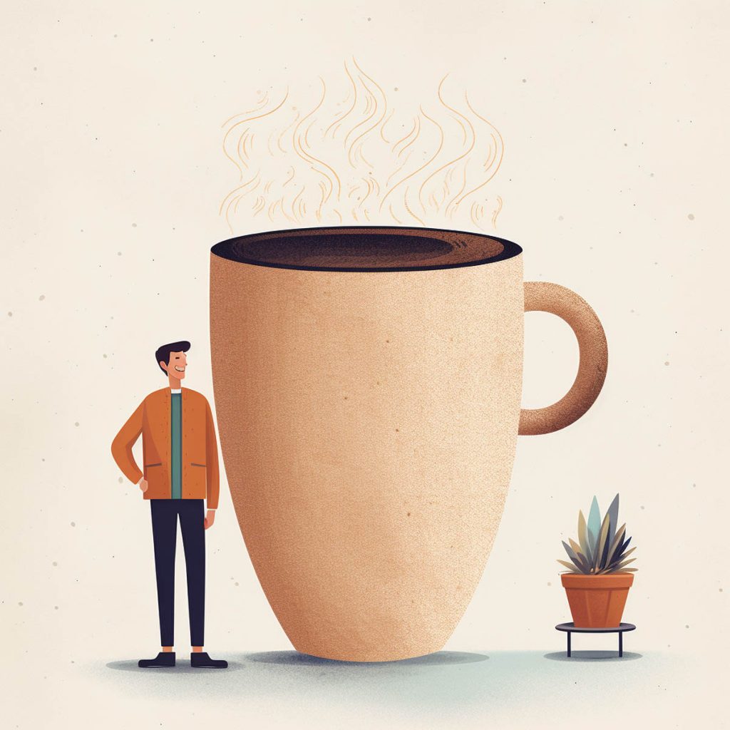 Man standing next to a giant cup of coffee and a plant, illustration