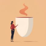 Woman standing next to a giant cup of coffee, illustration