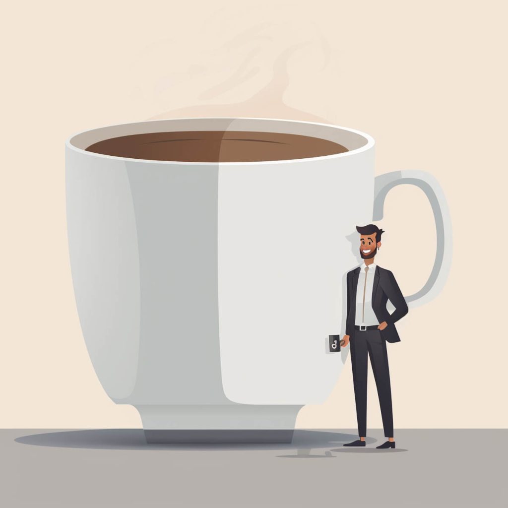 Man standing next to a giant cup of coffee, illustration