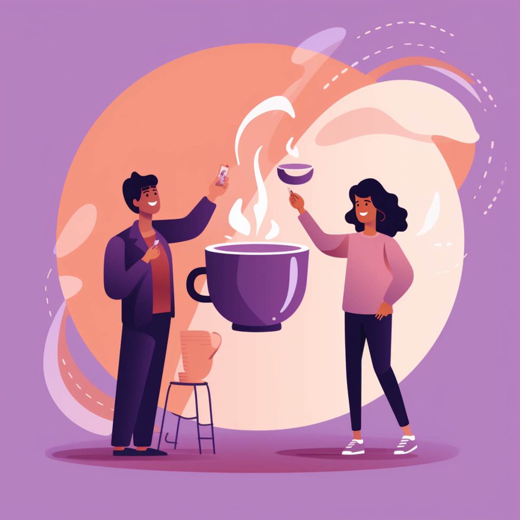 Two friends and a giant cup of coffee, illustration