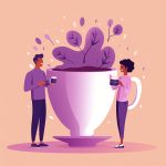 Friends chatting near a giant cup of cold brew coffee, illustration