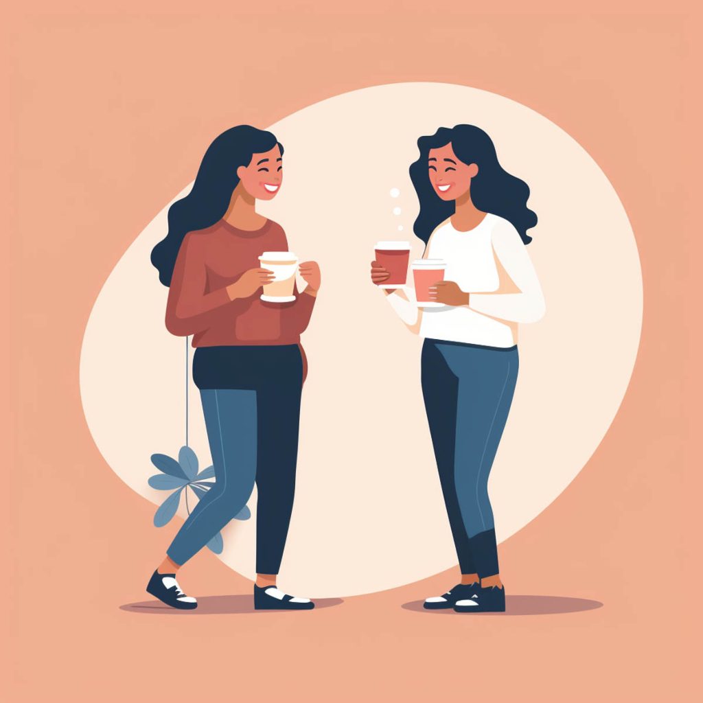 Two sisters standing around drinking cold brew, illustration