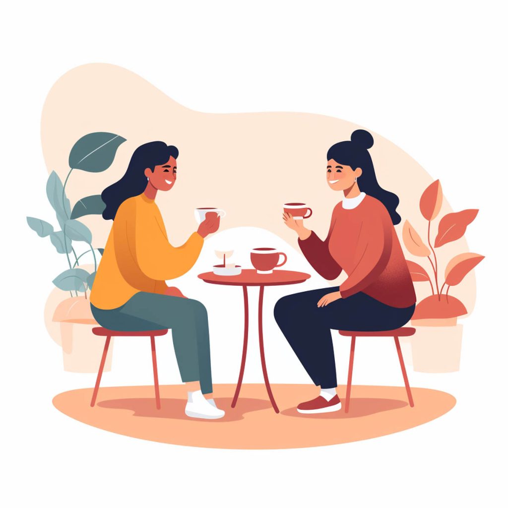 Two women, friends, drinking coffee, illustration