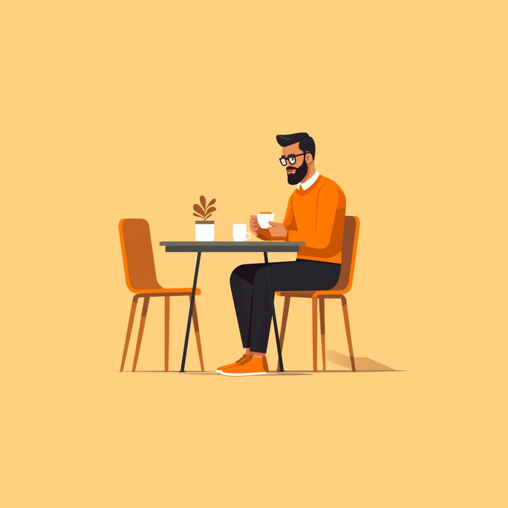 Man drinking coffee at a table, illustration