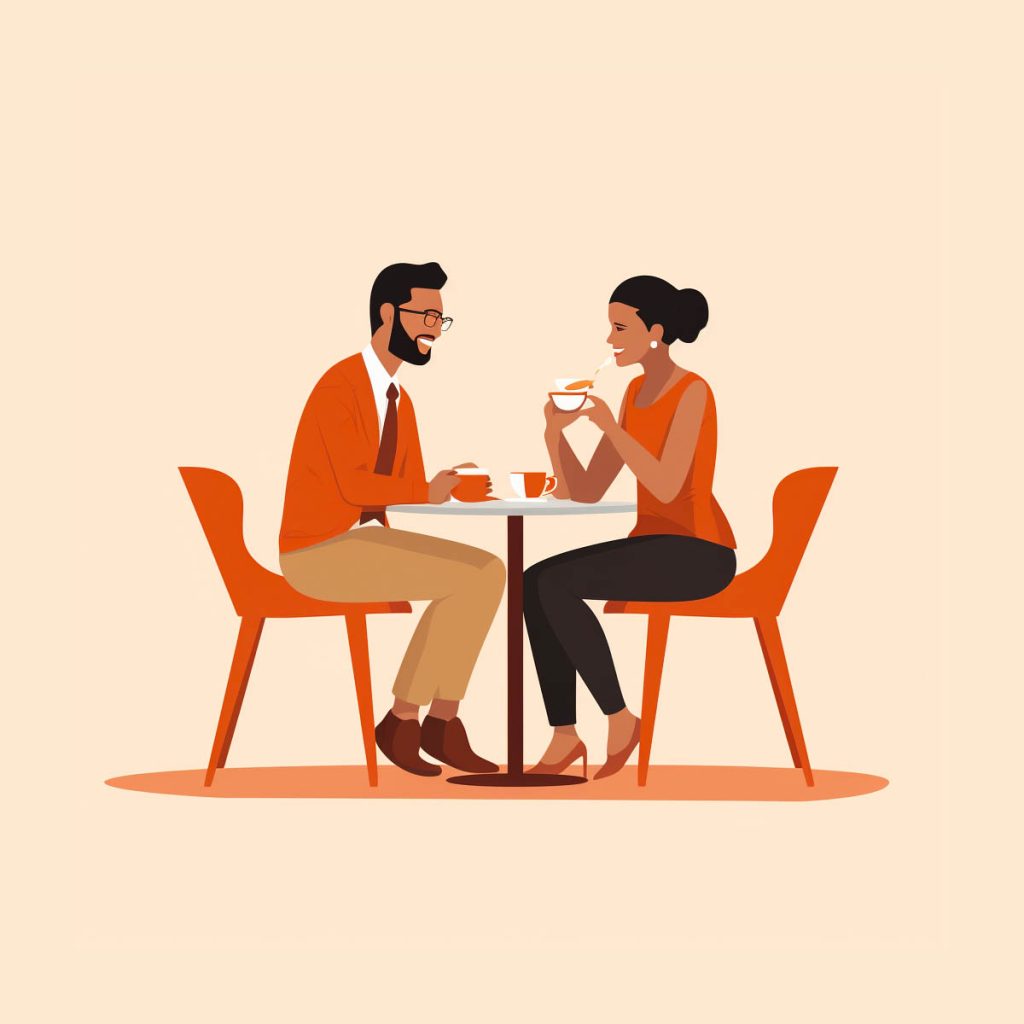 Couple drinking coffee at a table, illustration