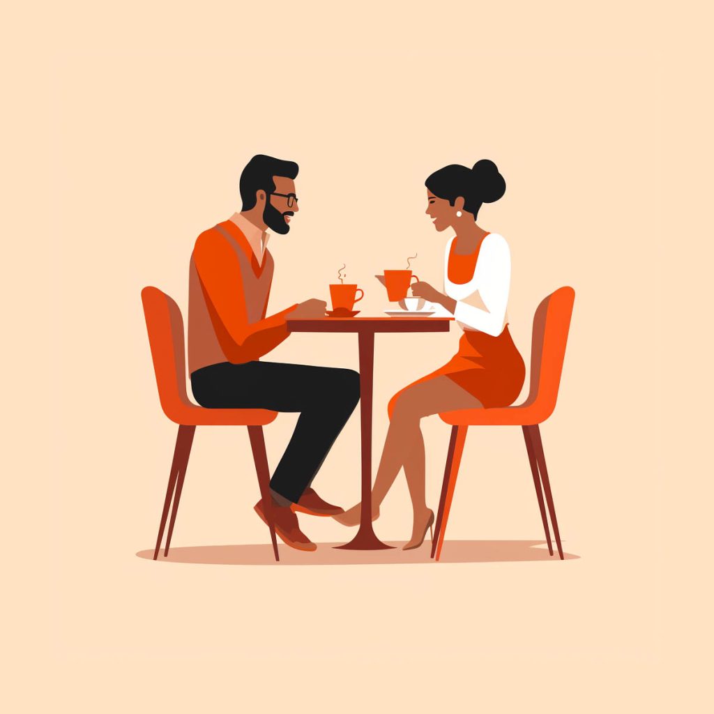 Man and woman drinking coffee at a table, illustration