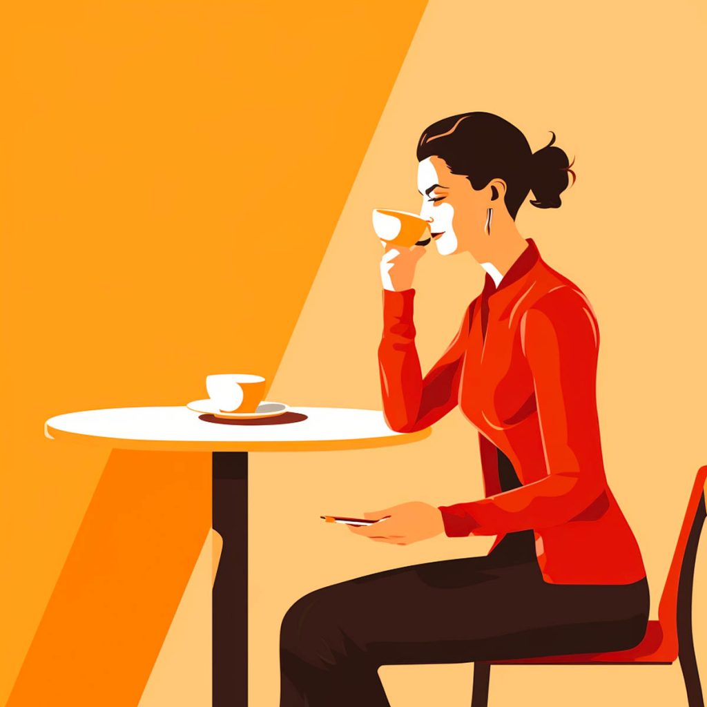 Person drinking coffee at a table, illustration