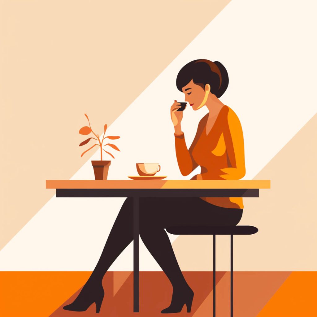 Person drinking coffee at a table, illustration