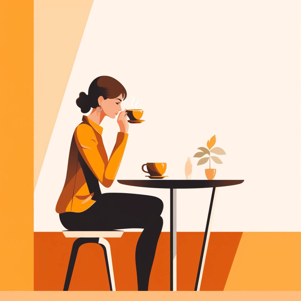 Woman drinking coffee at a table, illustration