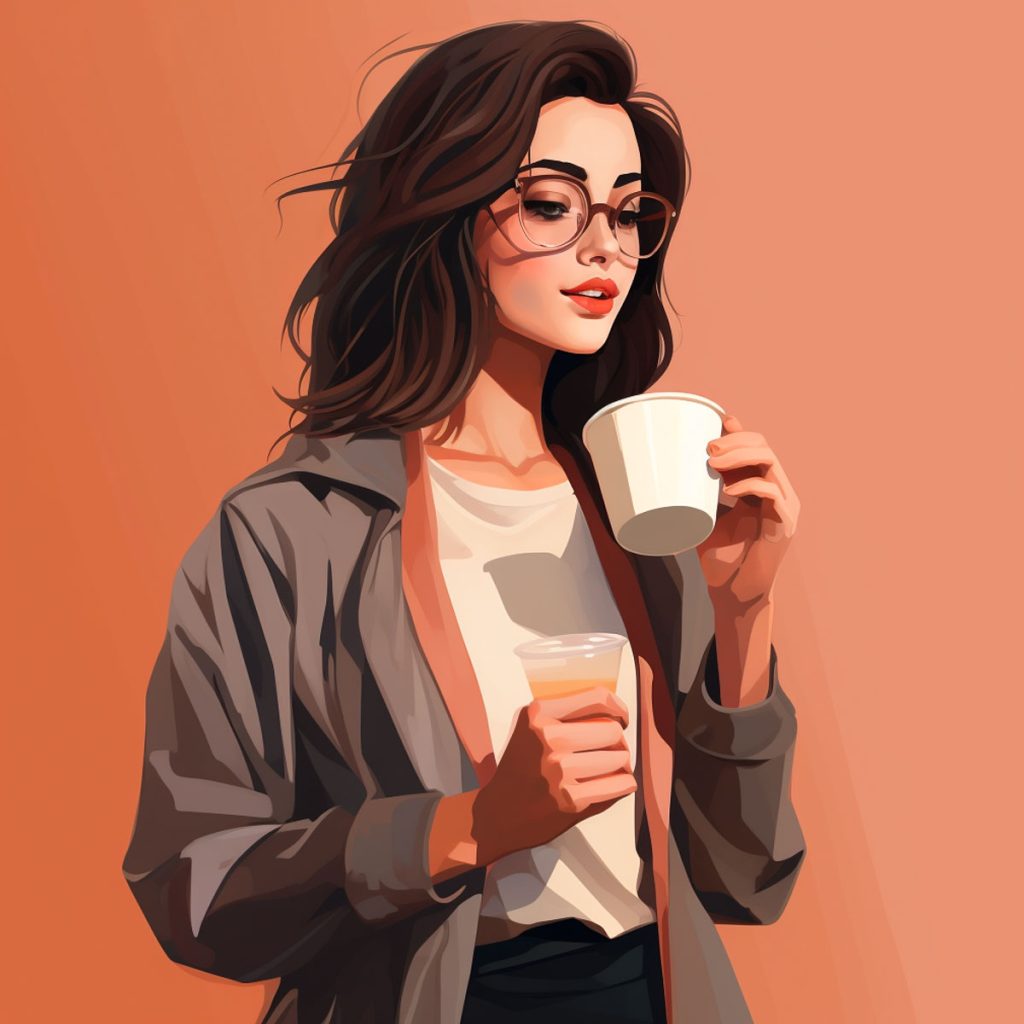 Young woman looking at a cup of coffee, illustration