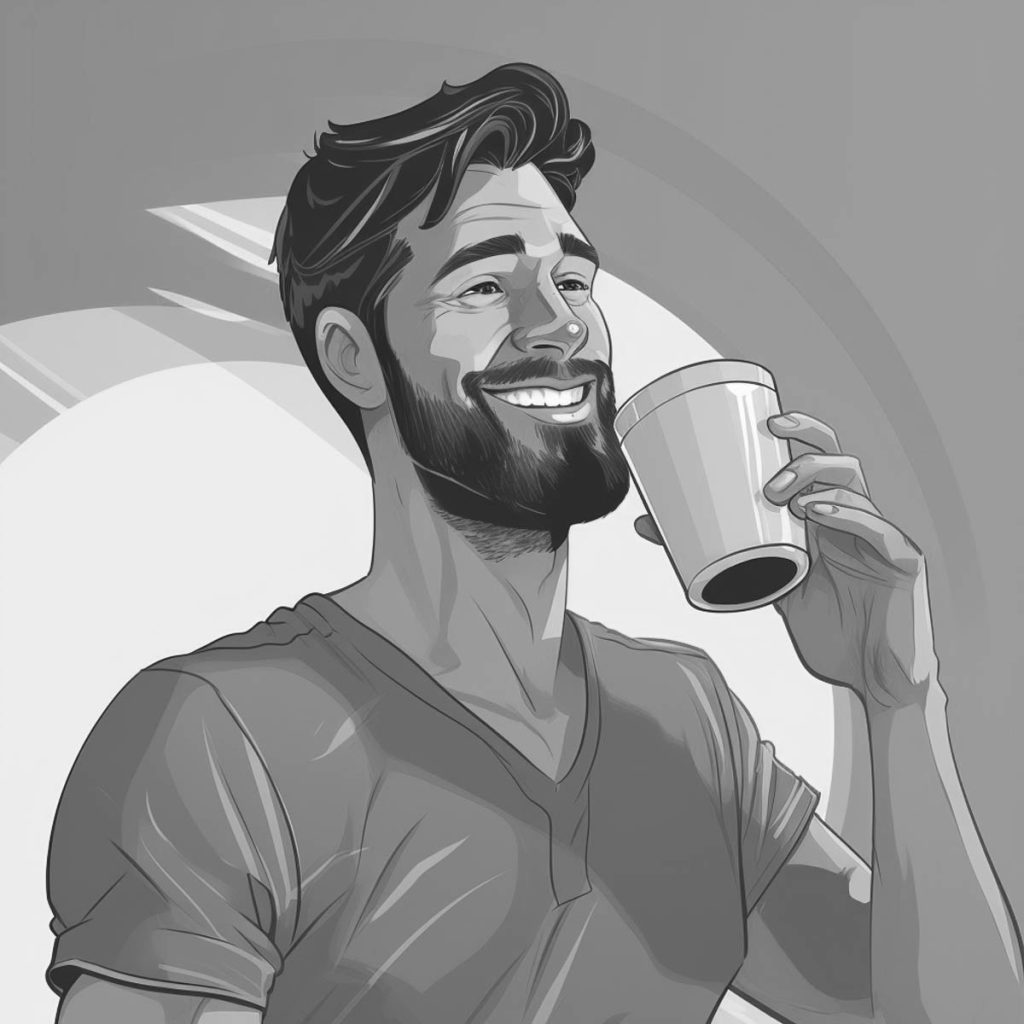 Young man smiling and drinking coffee, illustration