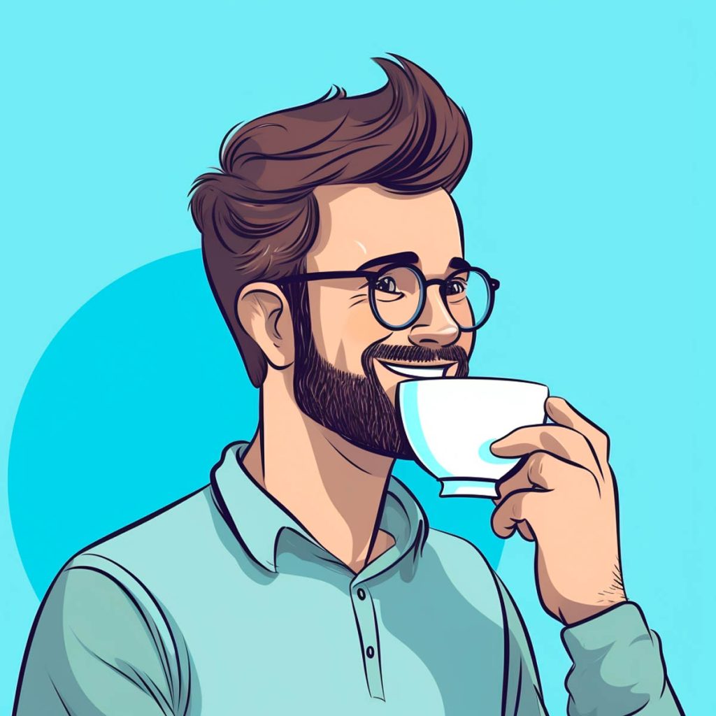 Young man with glasses smiling and drinking coffee, illustration