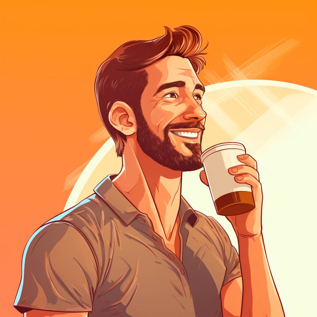 Closeup of man loving his coffee, illustration