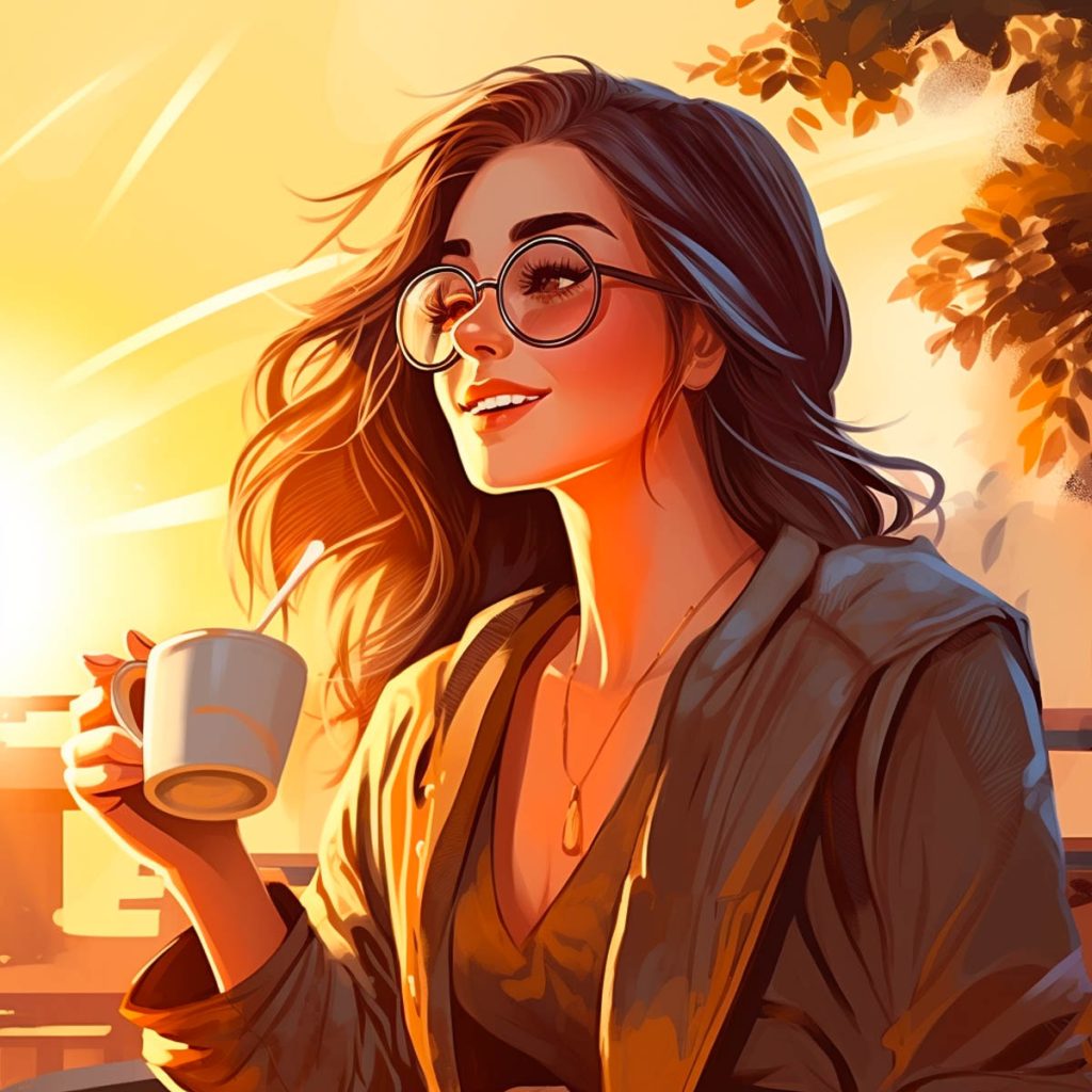 Closeup of a young woman loving his coffee, illustration